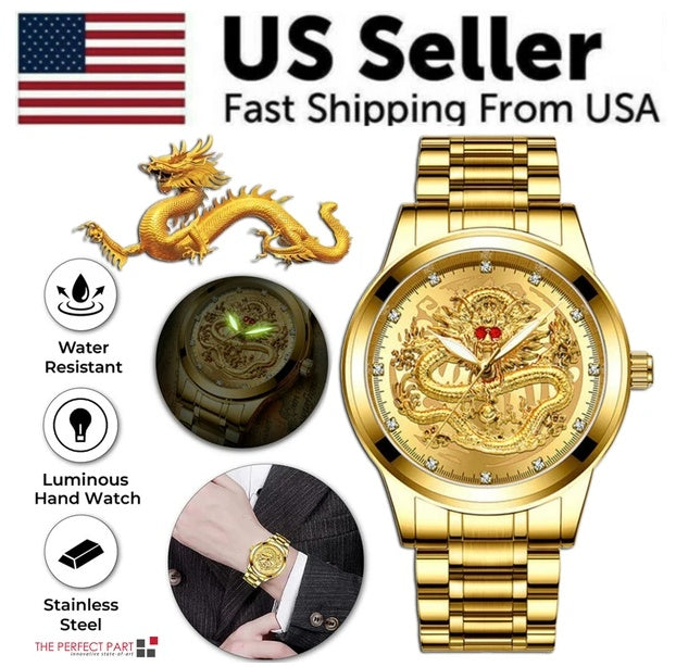 Men's Gold Watch Diamond Quartz Classic Stainless Steel Business Watch