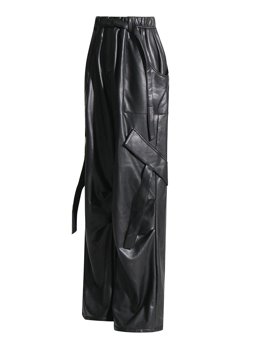 Women High Waist Patchwork Pockets Leather Cargo Pant season prestige