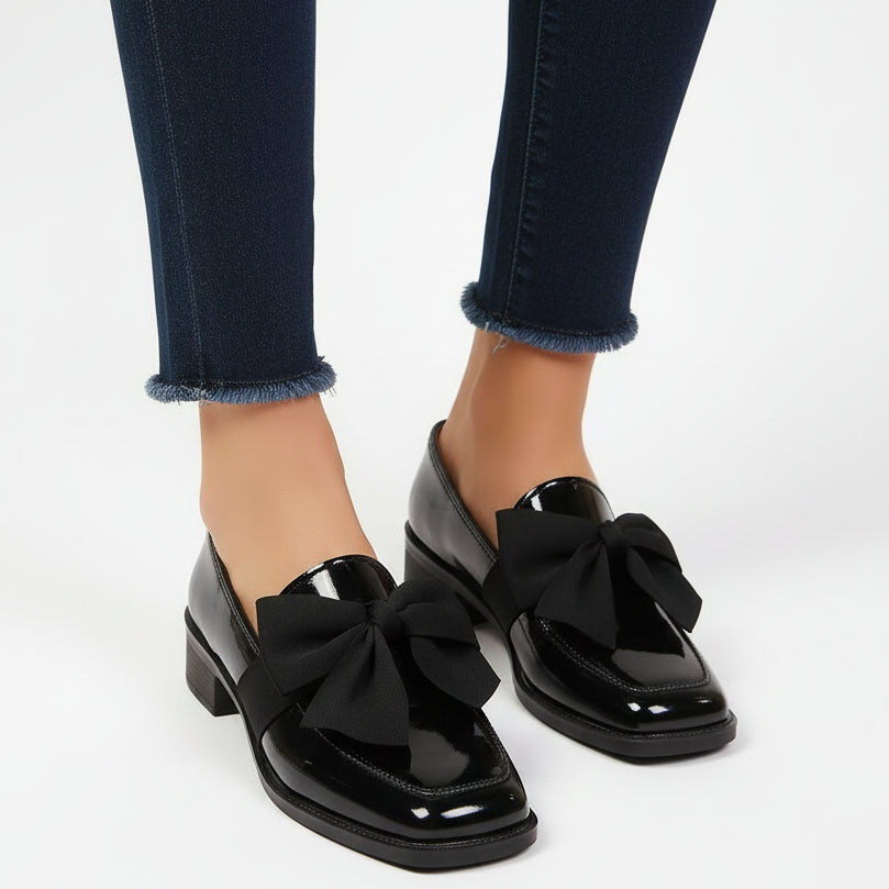 Season Prestige black bow leather flats with square toe and chunky mid-heel.