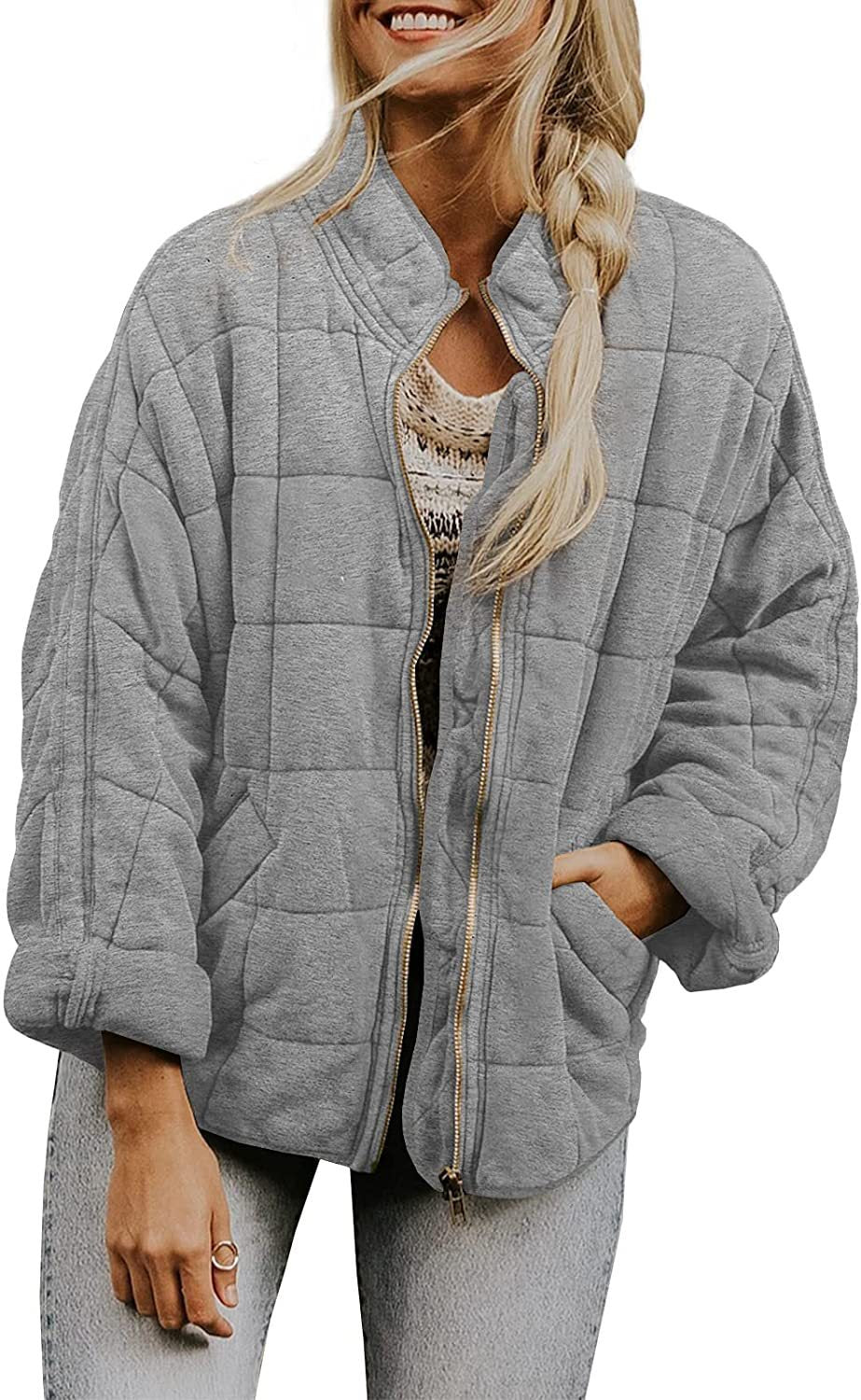 Plaid Long Sleeved Zip-up Stand Collar Jacket For Women's