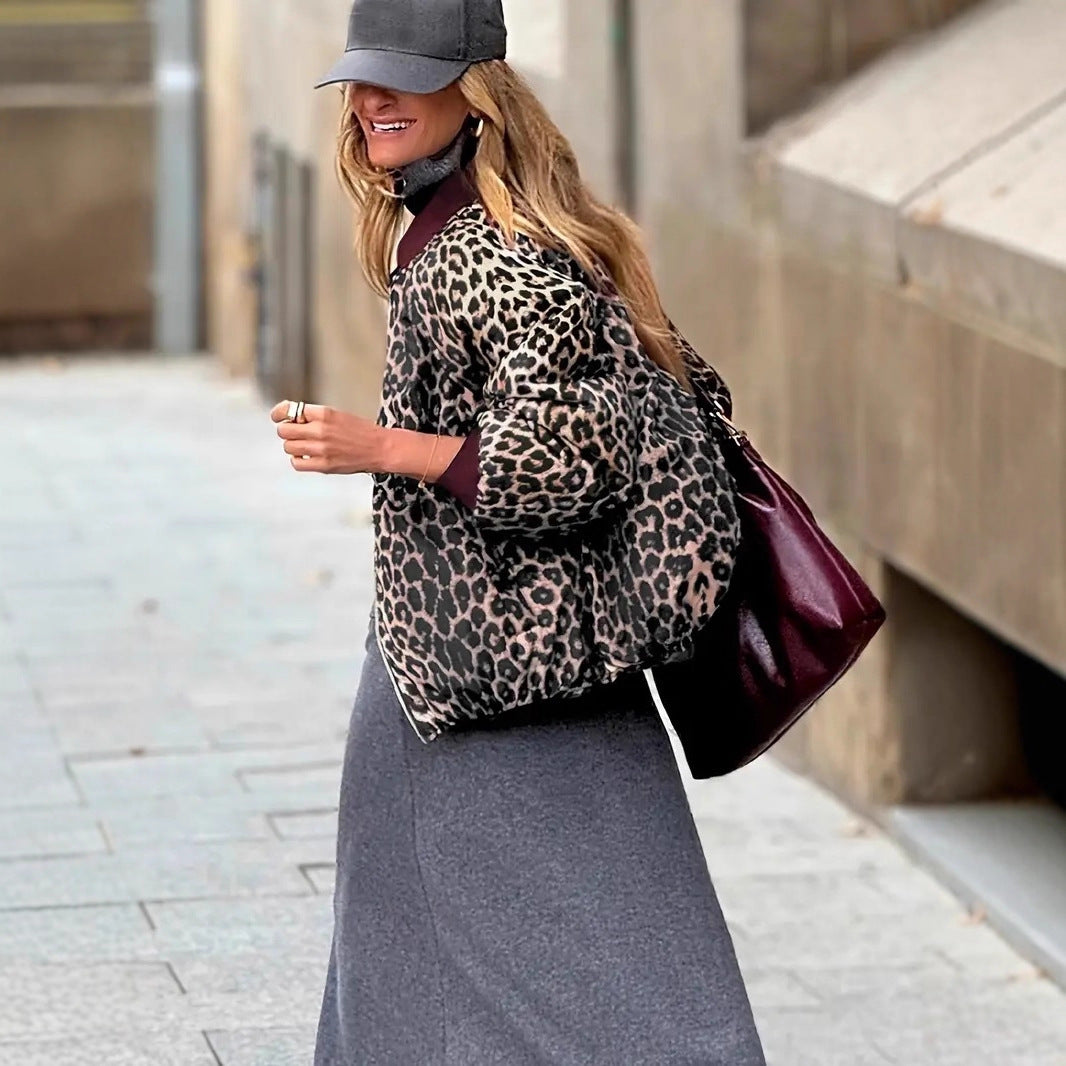 Women's Elegant Reversible Zipper Leopard Print And Wine Red Casual Coat