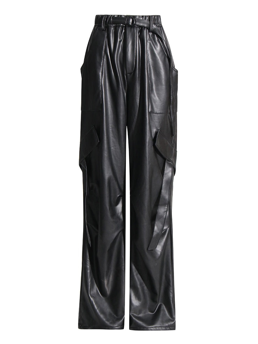 Women High Waist Patchwork Pockets Leather Cargo Pant season prestige