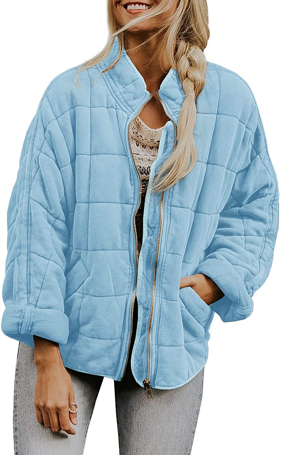 Plaid Long Sleeved Zip-up Stand Collar Jacket For Women's