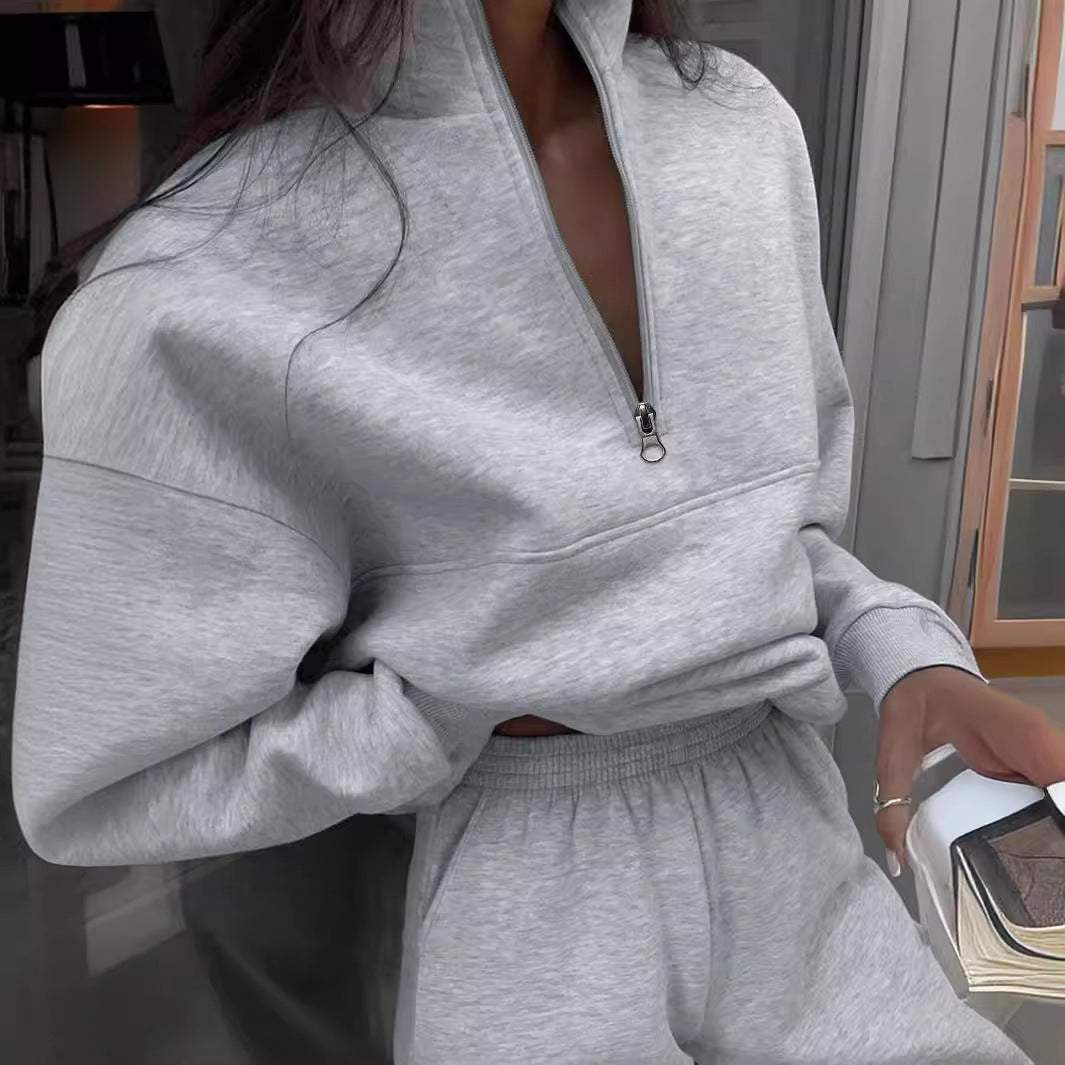Long-sleeved Sports Stand-up Collar Zip-up Top Sweatshirt suit Womens