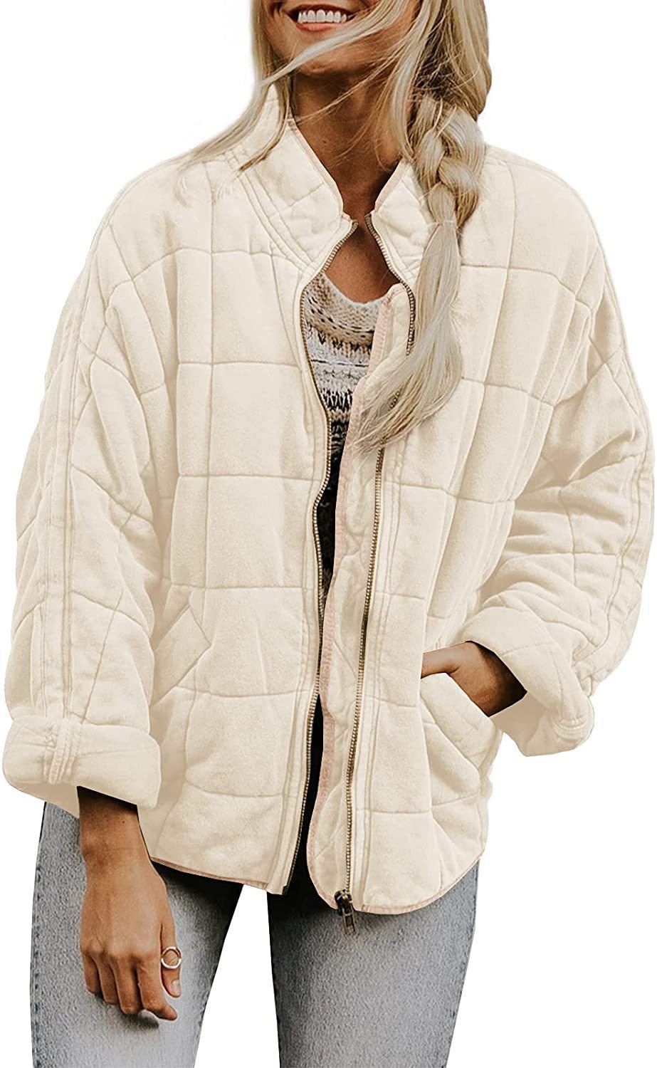 Plaid Long Sleeved Zip-up Stand Collar Jacket For Women's