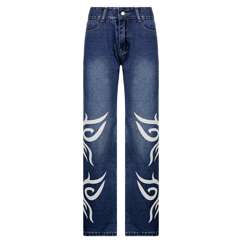 Loose Trousers Low-rise Pleated Heart-print Washed Jeans