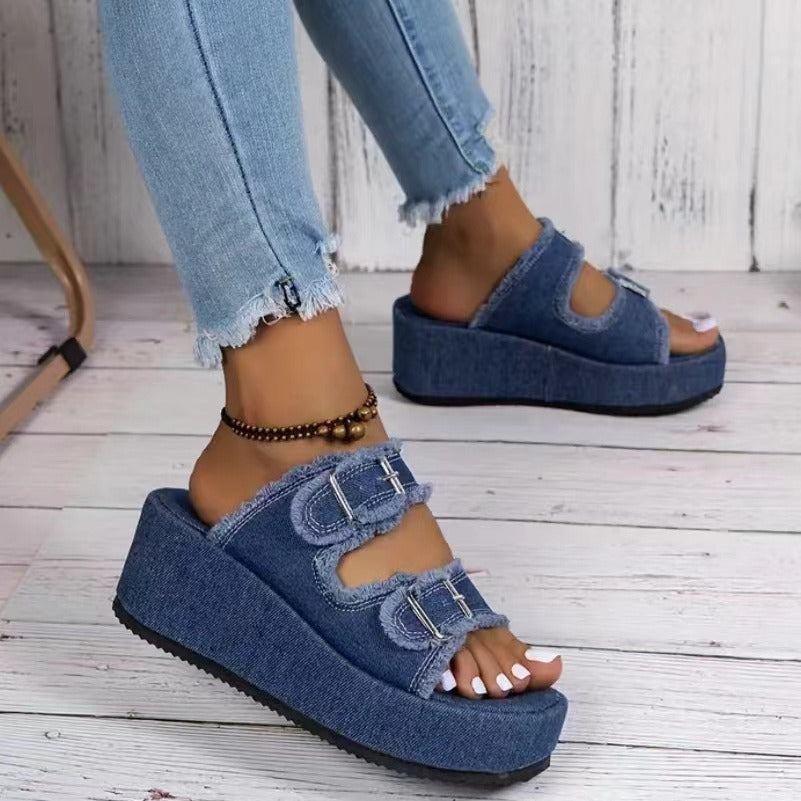 Denim Buckle Wedges Summer Outdoor High Heel Slippers For Women
