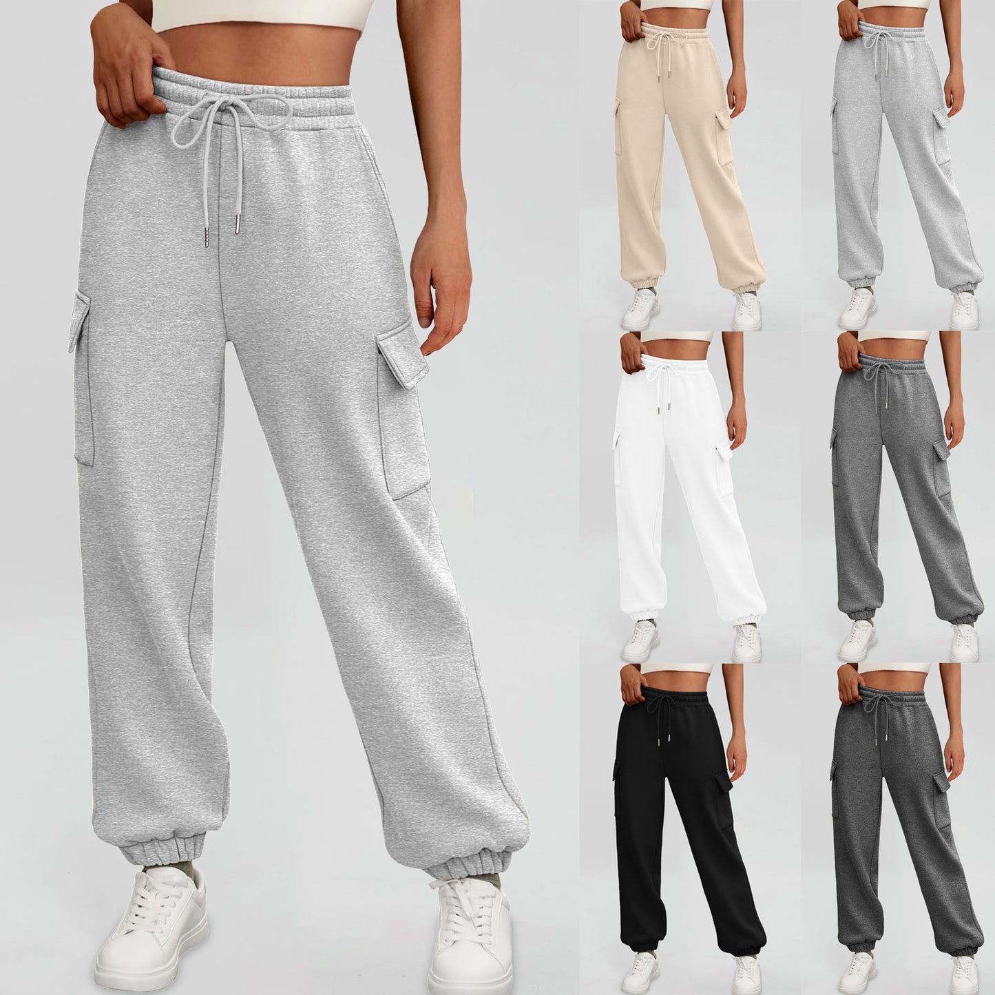 Casual Side Pocket Elastic Waist Solid Color Joggers Pants