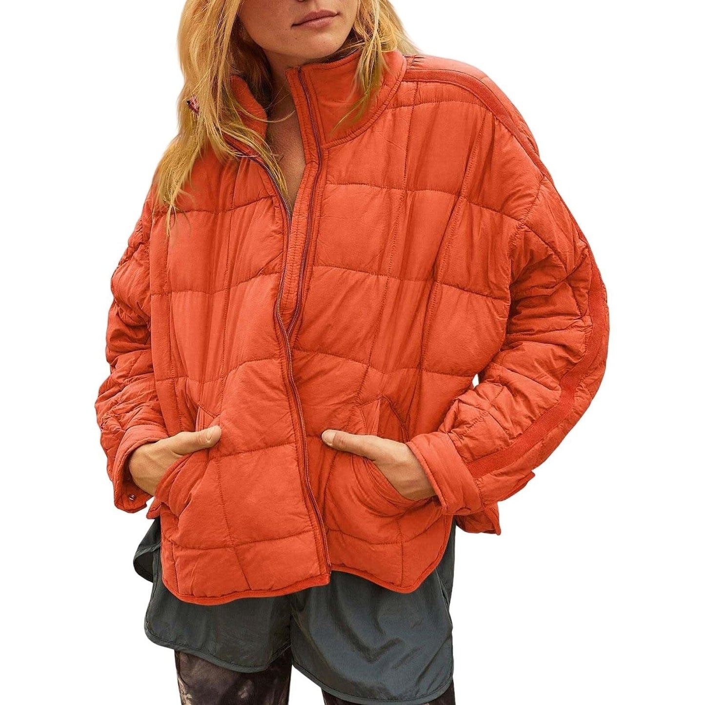 Plaid Long Sleeved Zip-up Stand Collar Jacket For Women's