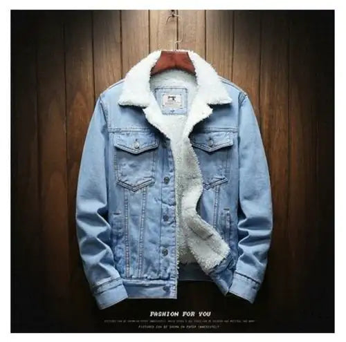 Mens Light Blue Winter Jean Jackets Outerwear Warm Denim Coats