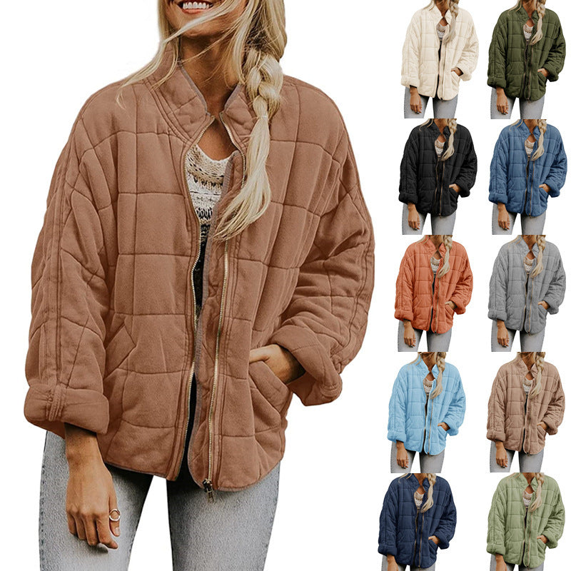 Plaid Long Sleeved Zip-up Stand Collar Jacket For Women's