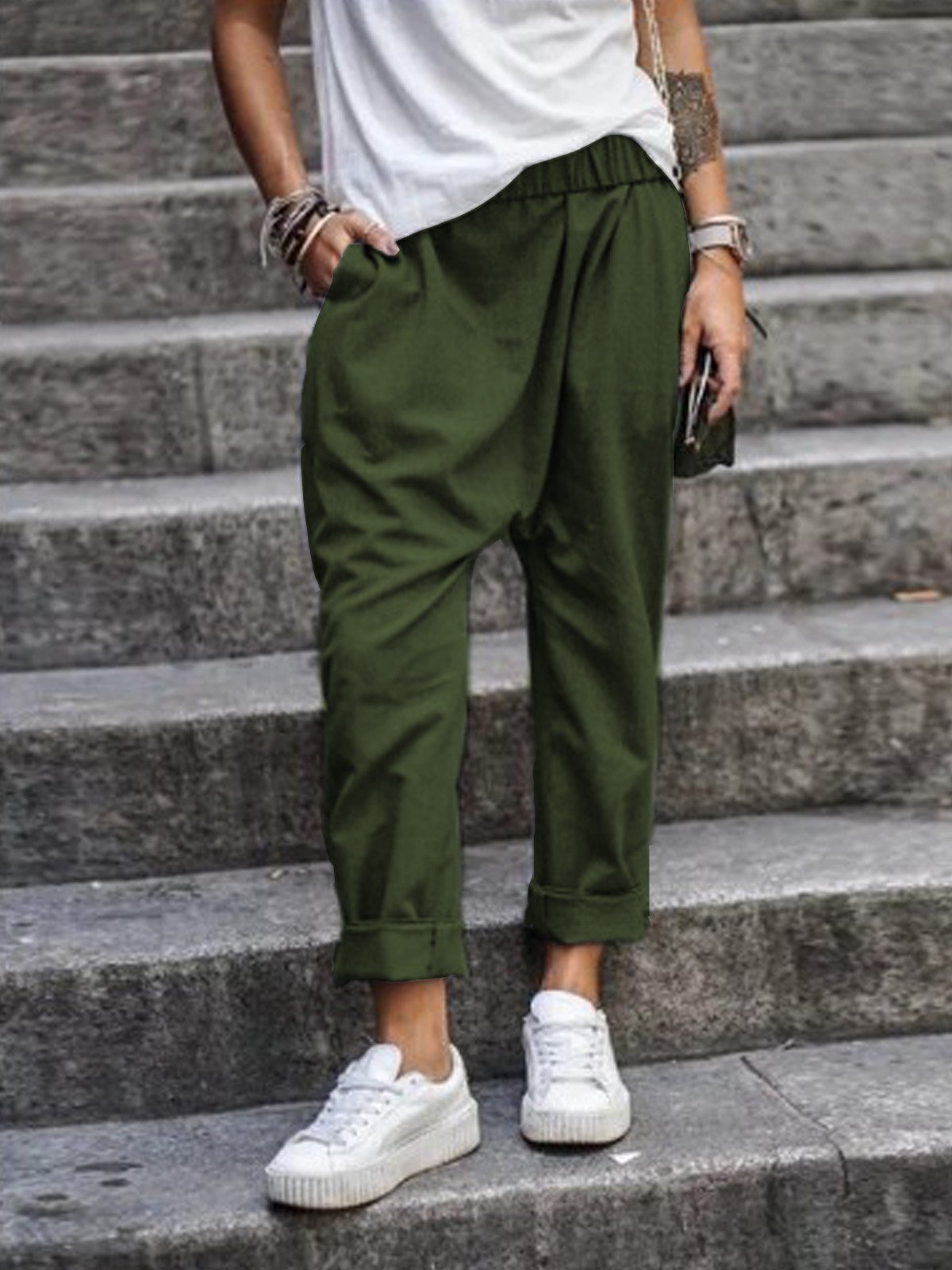 Women's Casual High Waist Harem Trousers With Pockets
