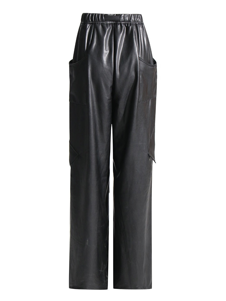Women High Waist Patchwork Pockets Leather Cargo Pant season prestige