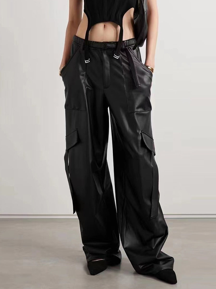 Women High Waist Patchwork Pockets Leather Cargo Pant season prestige