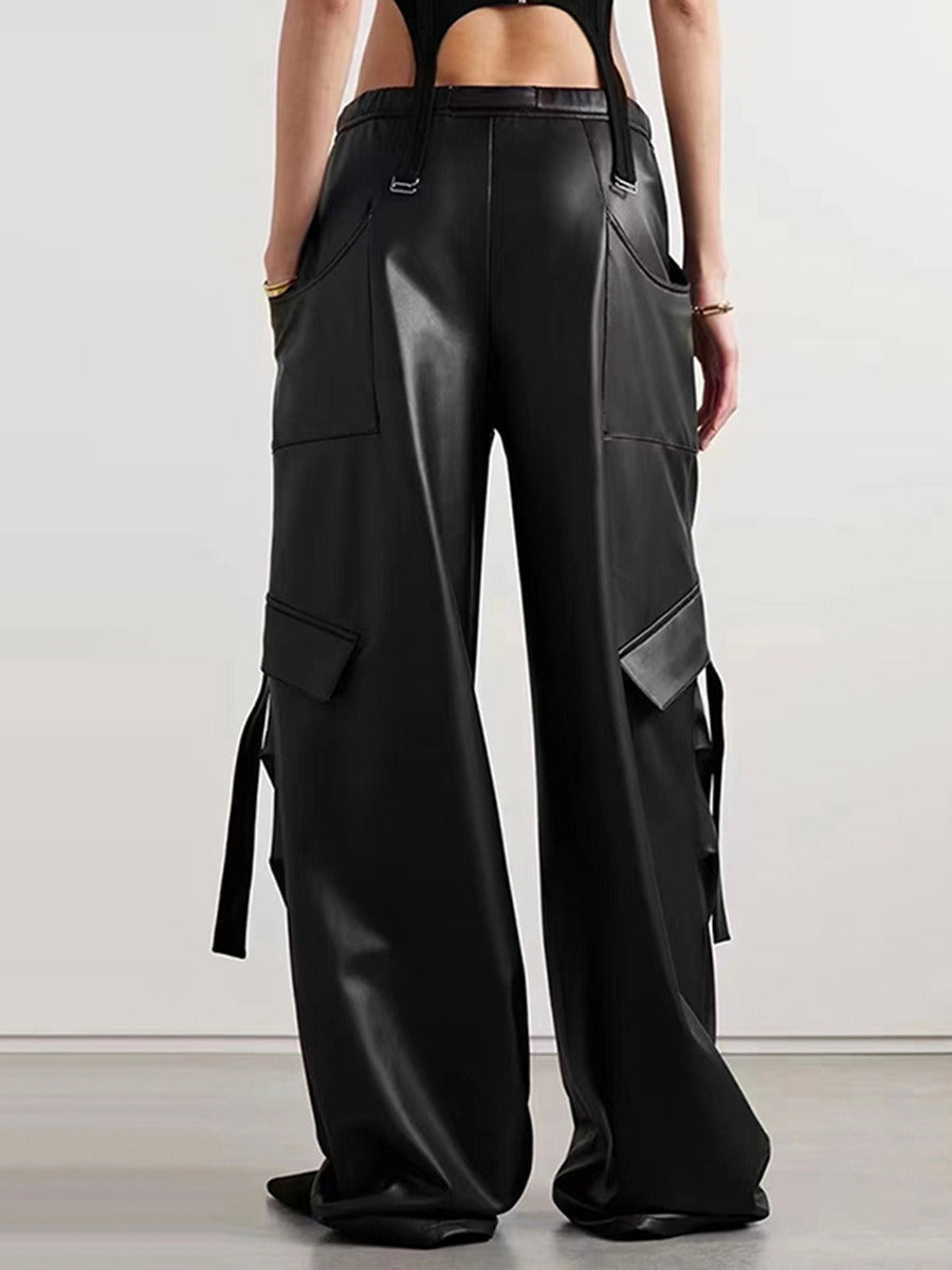 Women High Waist Patchwork Pockets Leather Cargo Pant season prestige