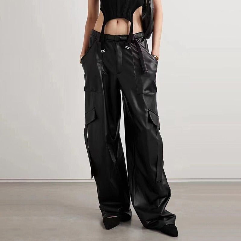 Women High Waist Patchwork Pockets Leather Cargo Pant season prestige