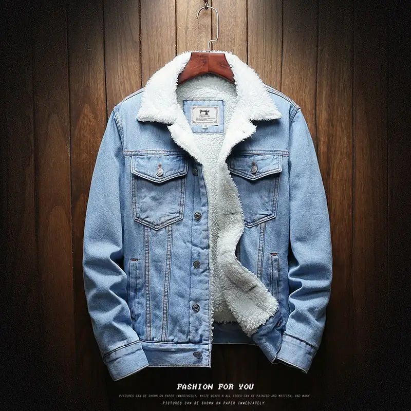 Mens Light Blue Winter Jean Jackets Outerwear Warm Denim Coats