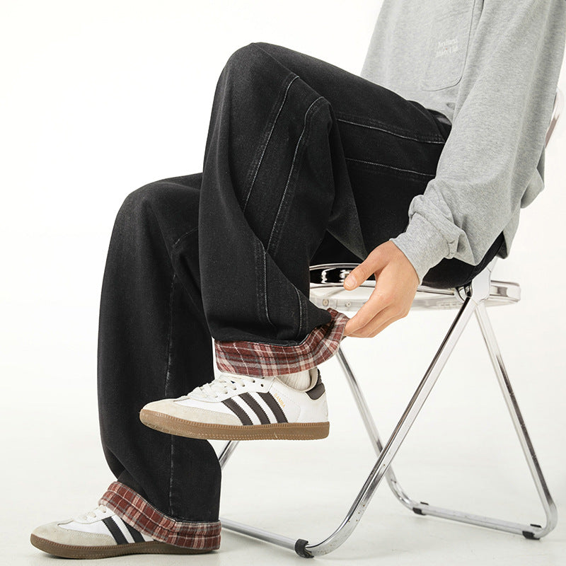 Casual Plaid Stitching Washed Jeans For Men