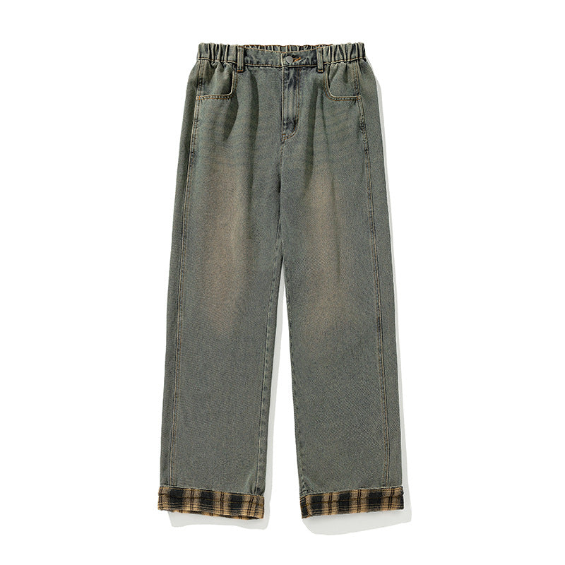 Casual Plaid Stitching Washed Jeans For Men