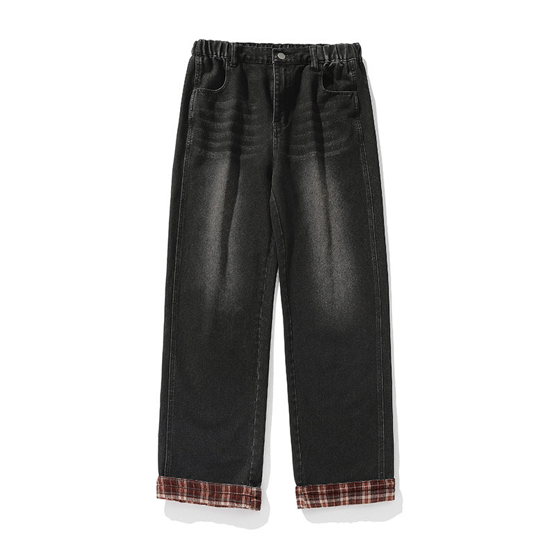 Casual Plaid Stitching Washed Jeans For Men