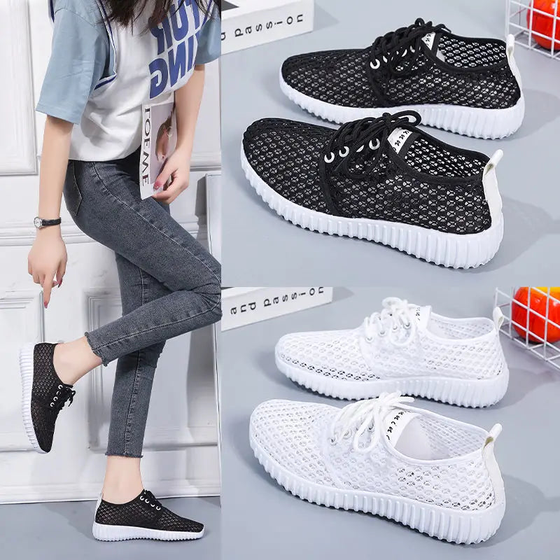 Breathable Mesh Shoes Ladies Summer Sports Casual Shoes Lightweight Lace-up Sneakers Women