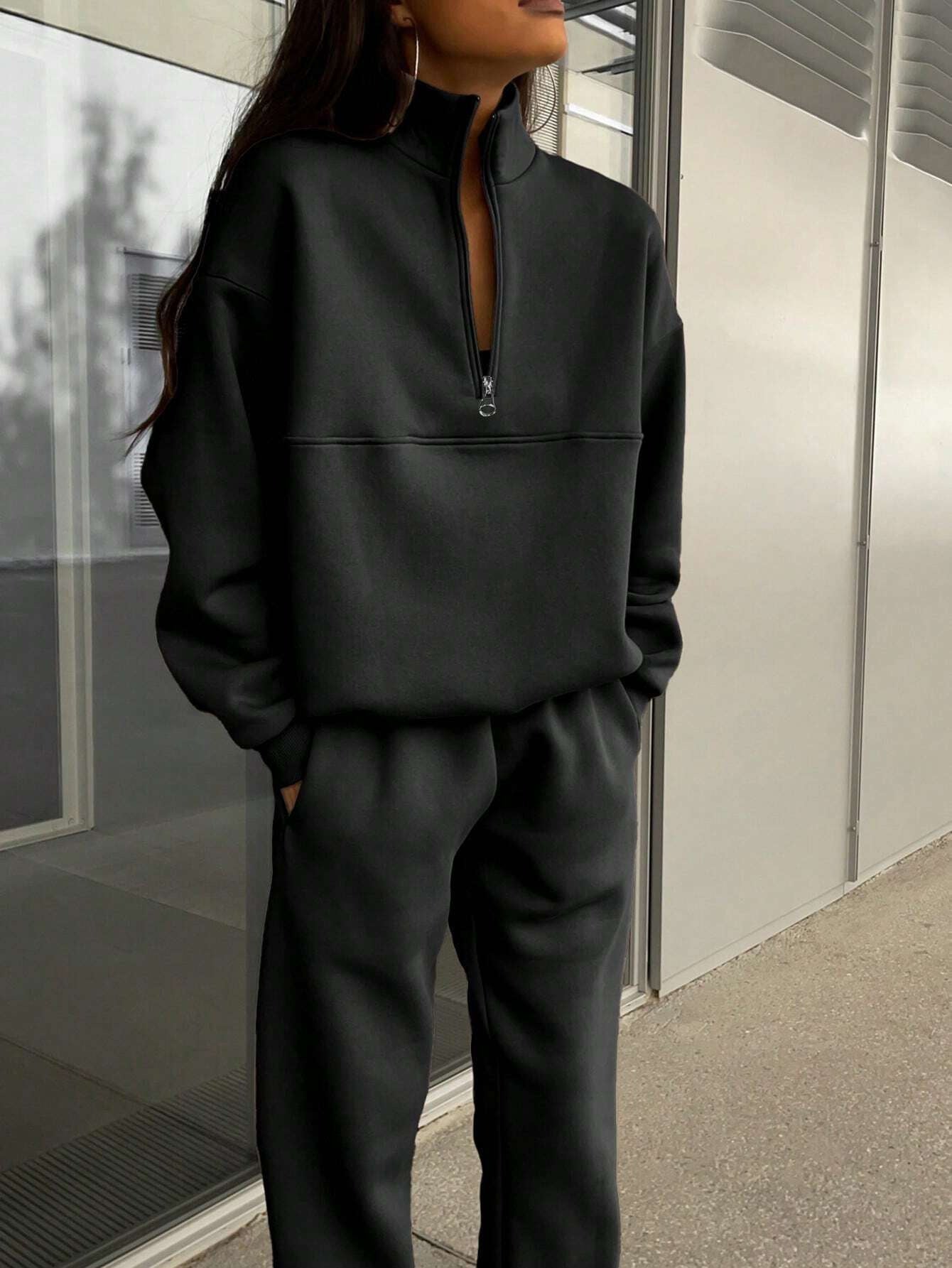 Long-sleeved Sports Stand-up Collar Zip-up Top Sweatshirt suit Womens