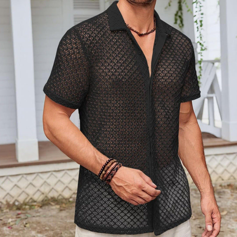 Summer Mesh Short Sleeve Shirt Beach Men's Clothing