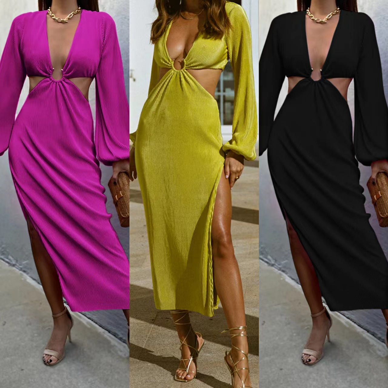 Womens Pressed Pleated Waistless long-sleeved Dresses