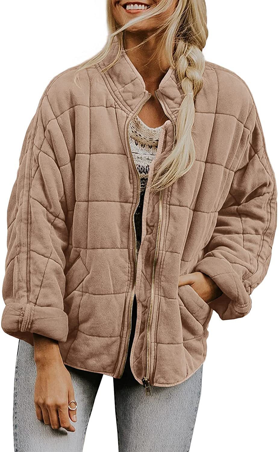 Plaid Long Sleeved Zip-up Stand Collar Jacket For Women's
