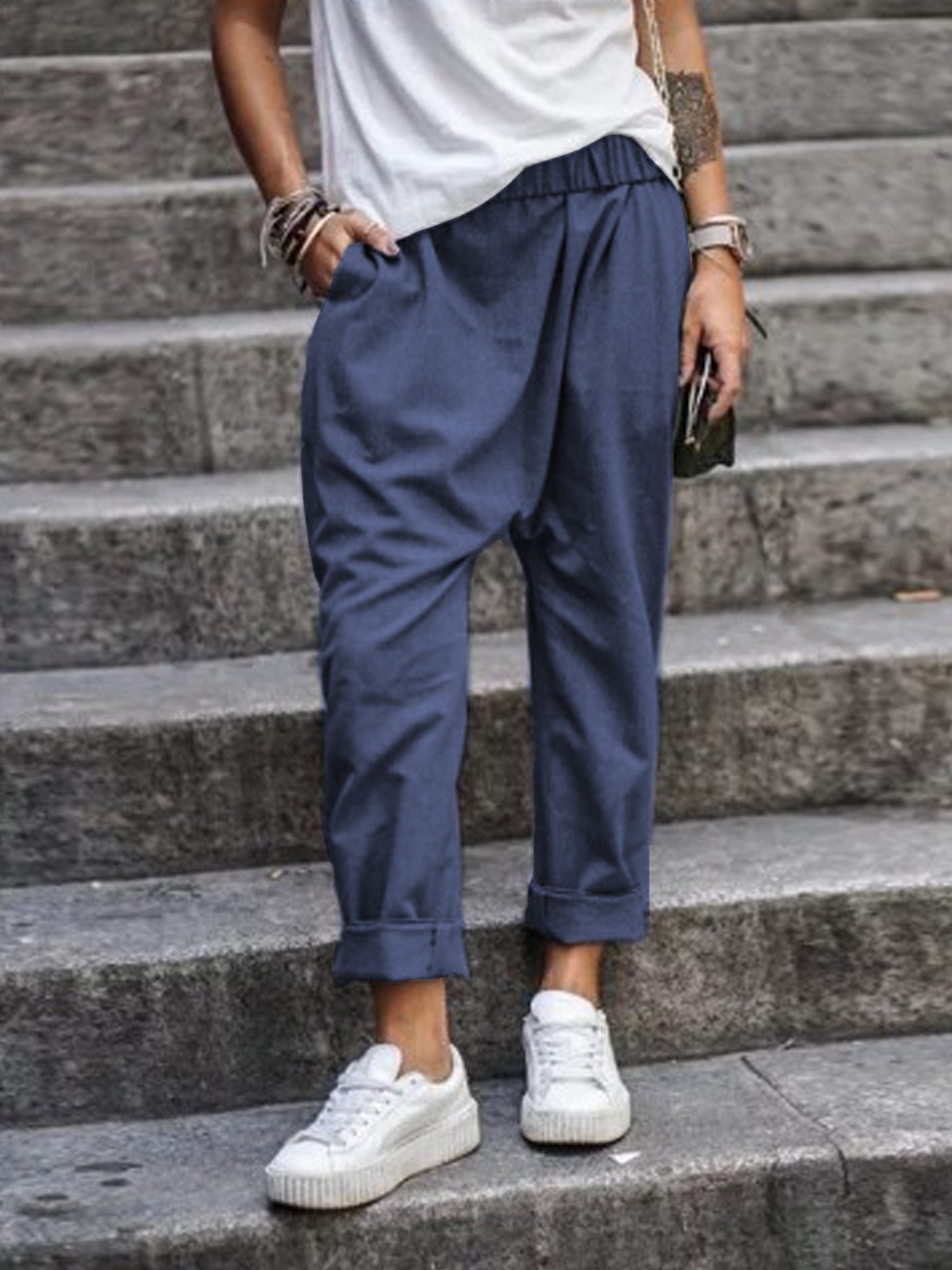 Women's Casual High Waist Harem Trousers With Pockets