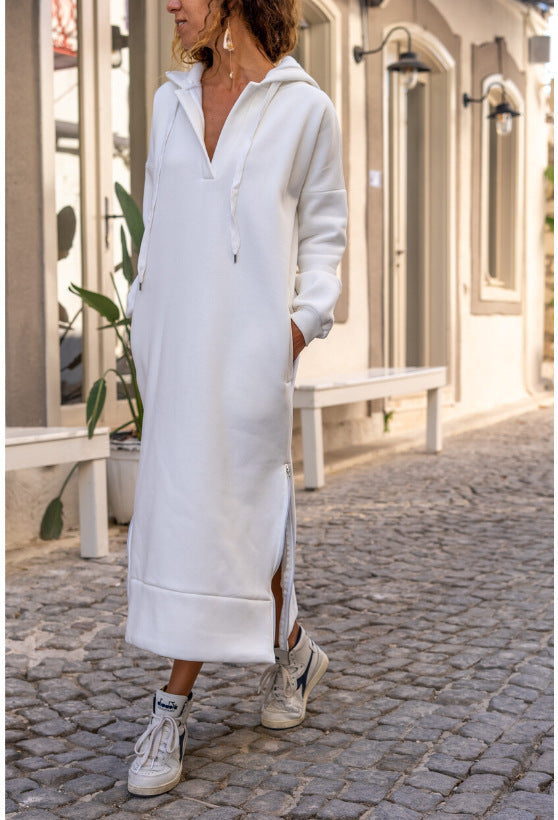 Loose Oversized Knit Hooded Dress Fleece-lined Casual pullover