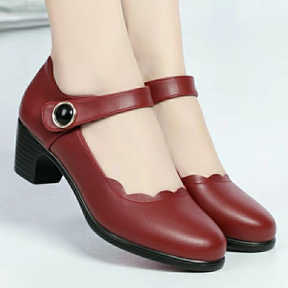 Side view of Soft Leather Low-Cut Chunky Heel Pumps in Wine Red for women.