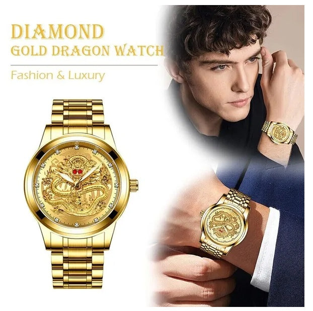 Men's Gold Watch Diamond Quartz Classic Stainless Steel Business Watch