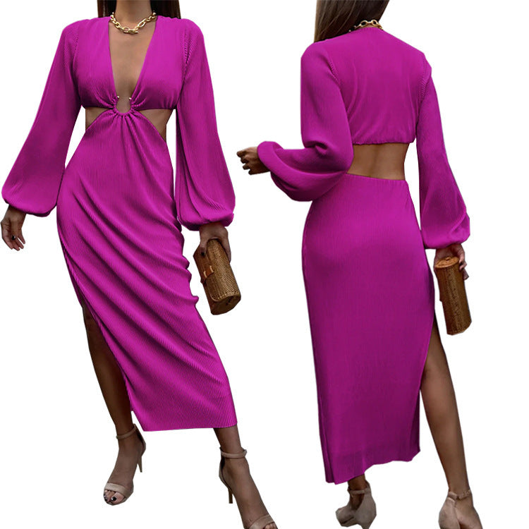 Womens Pressed Pleated Waistless long-sleeved Dresses
