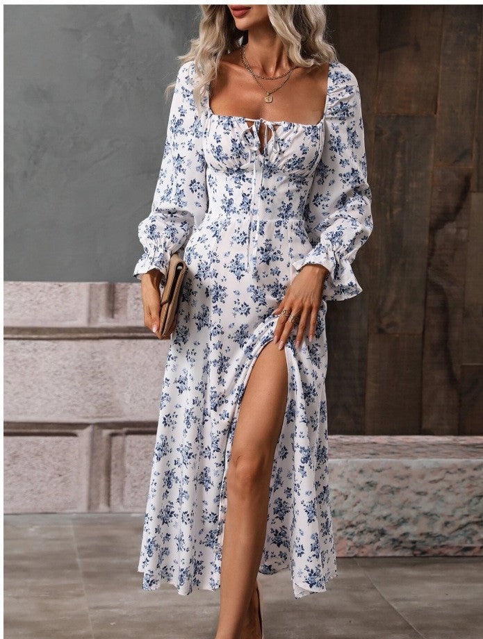 Womens Floral Print Long Sleeve Square-neck Slit Dress