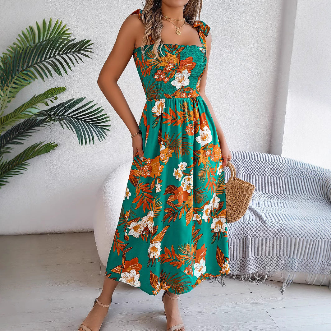 Summer Flowers Print Holiday Beach Long Dress For Women