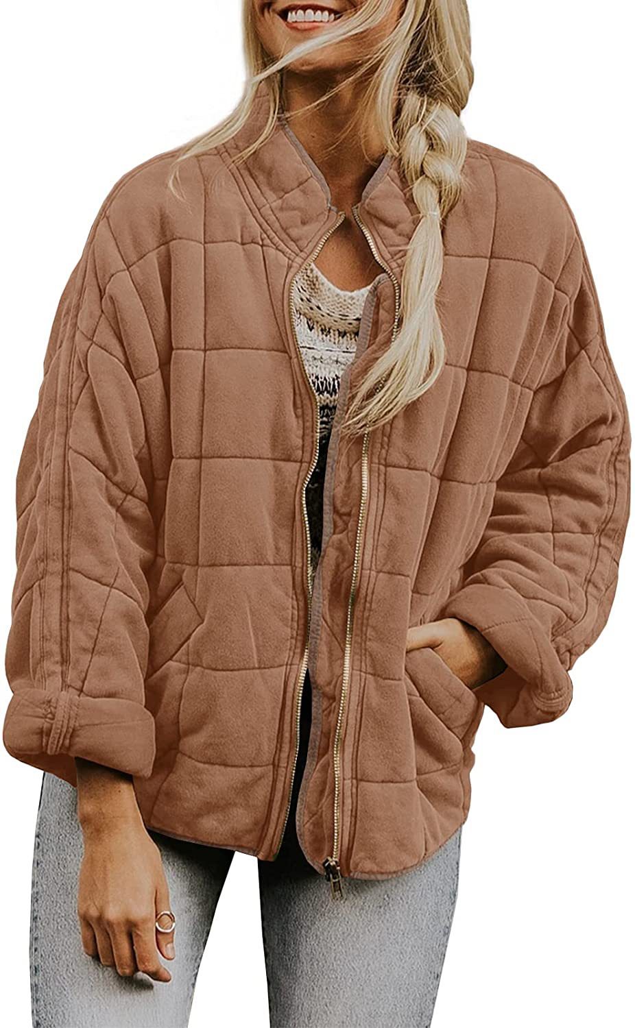 Plaid Long Sleeved Zip-up Stand Collar Jacket For Women's