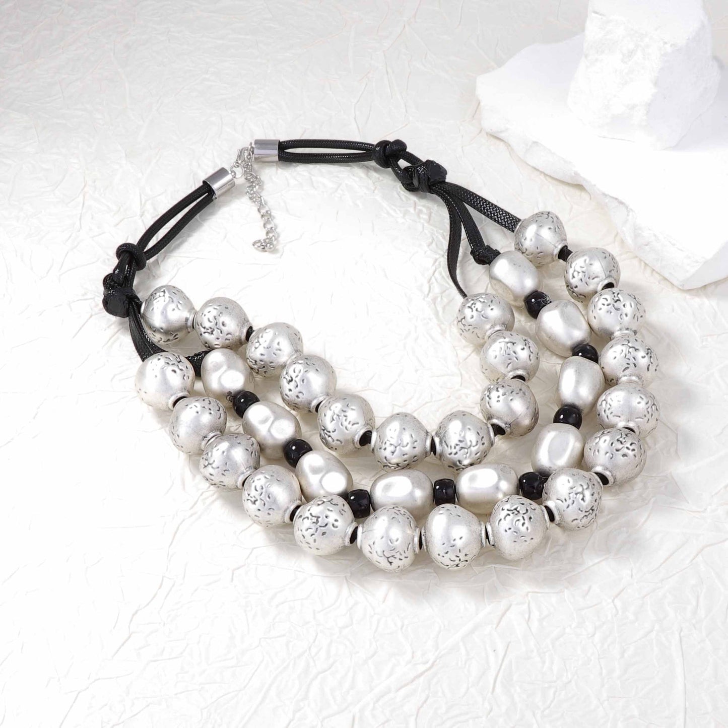 Exaggerated Retro Trendy Three Layer Gold Bead Hand Knotted Rope Necklace