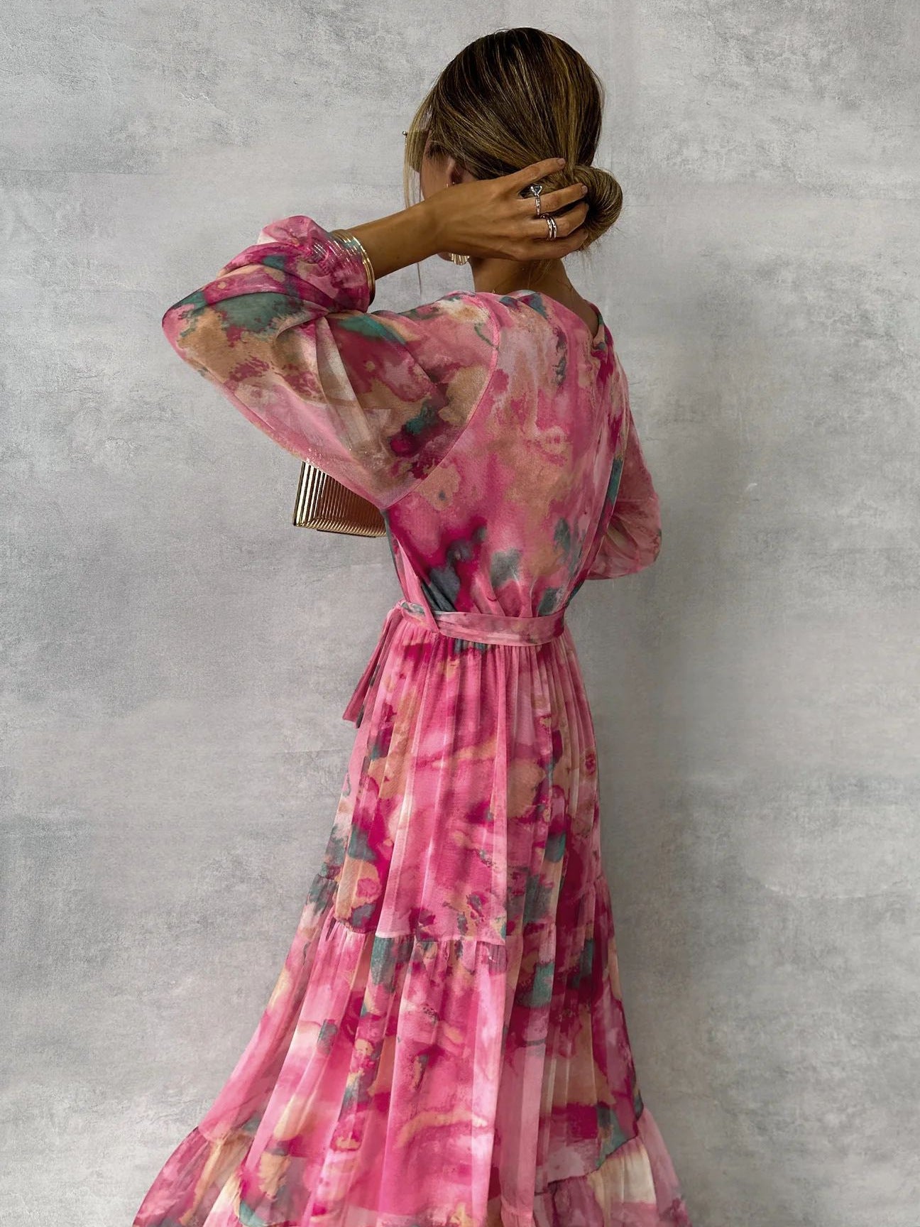 Floral Chiffon Maxi Dress for Women V-Neck Long Sleeve