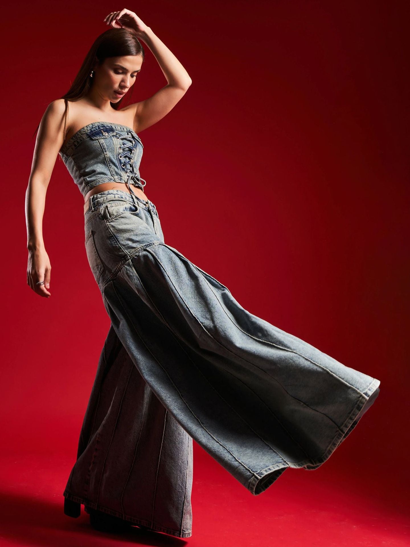 Women Strapless Denim Crop Top Corset & High-Waisted Pleated Wide-Leg Pants Set