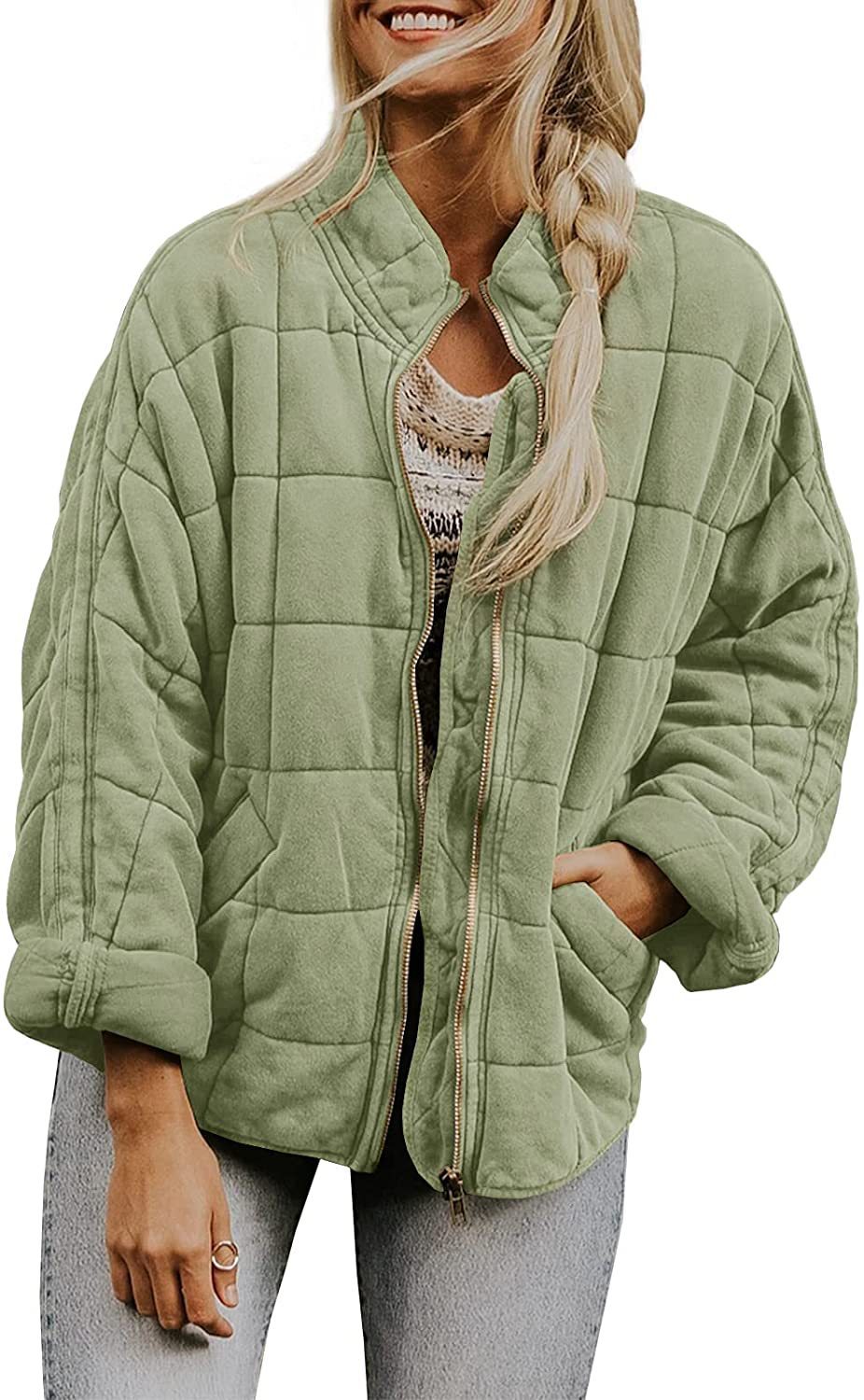 Plaid Long Sleeved Zip-up Stand Collar Jacket For Women's