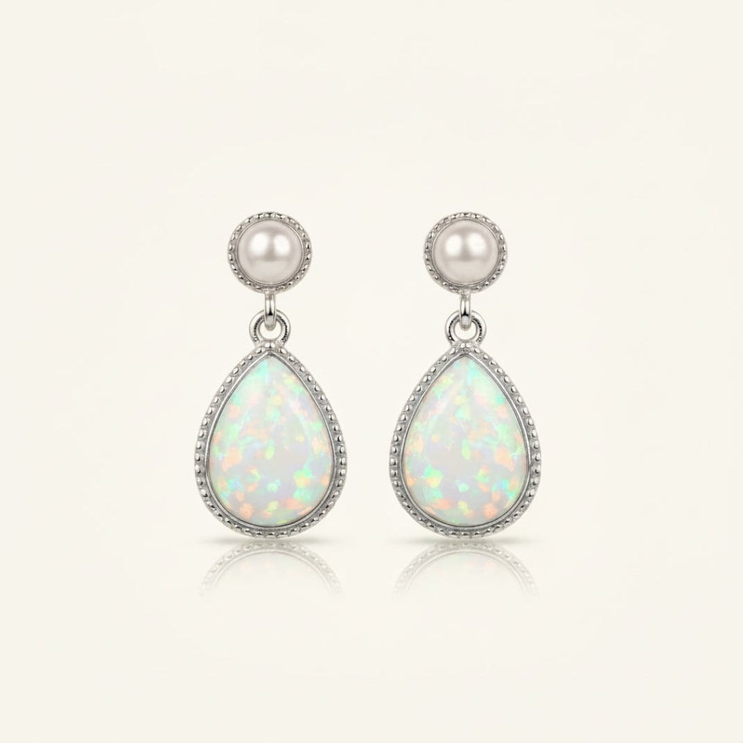 925 Sterling Silver Elegant Pearl and Pear-Shaped Opal Drop Earrings with Intricate Bezel Detailing