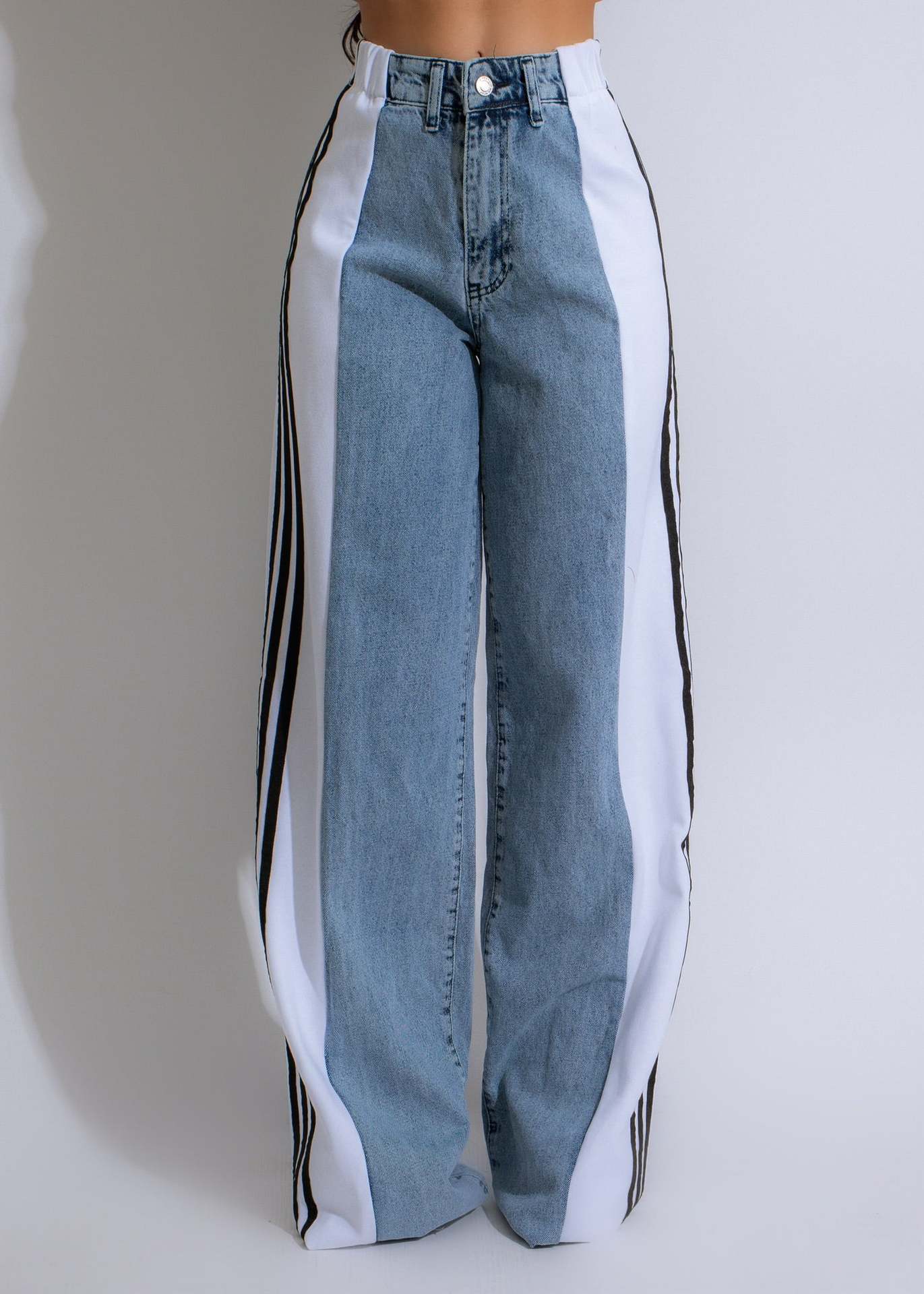 Womens Casual HighWaist Three Stripe Patchwork Denim Wide Leg Pants