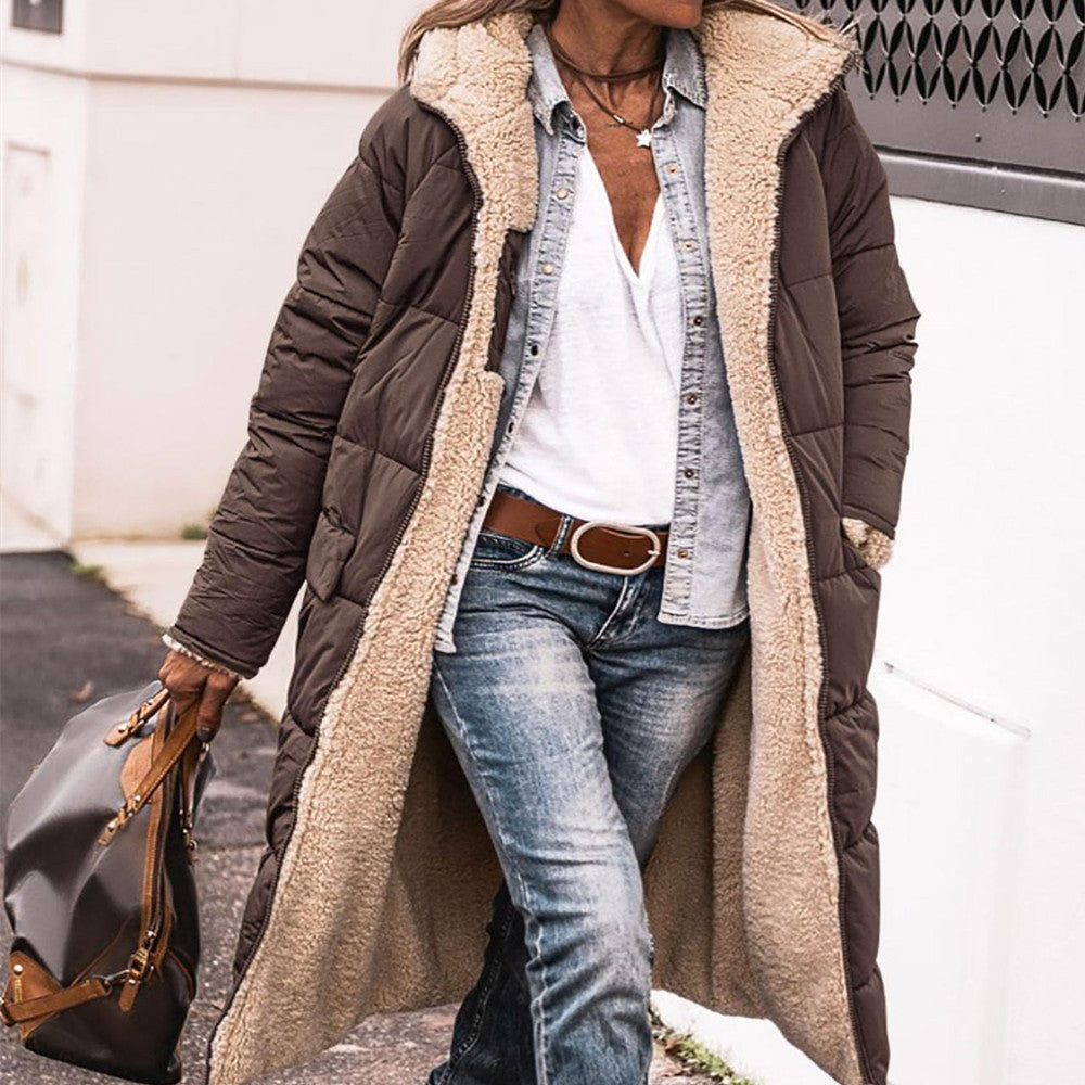 Womens Hooded Long Sleeve Double-sided Winter Jacket