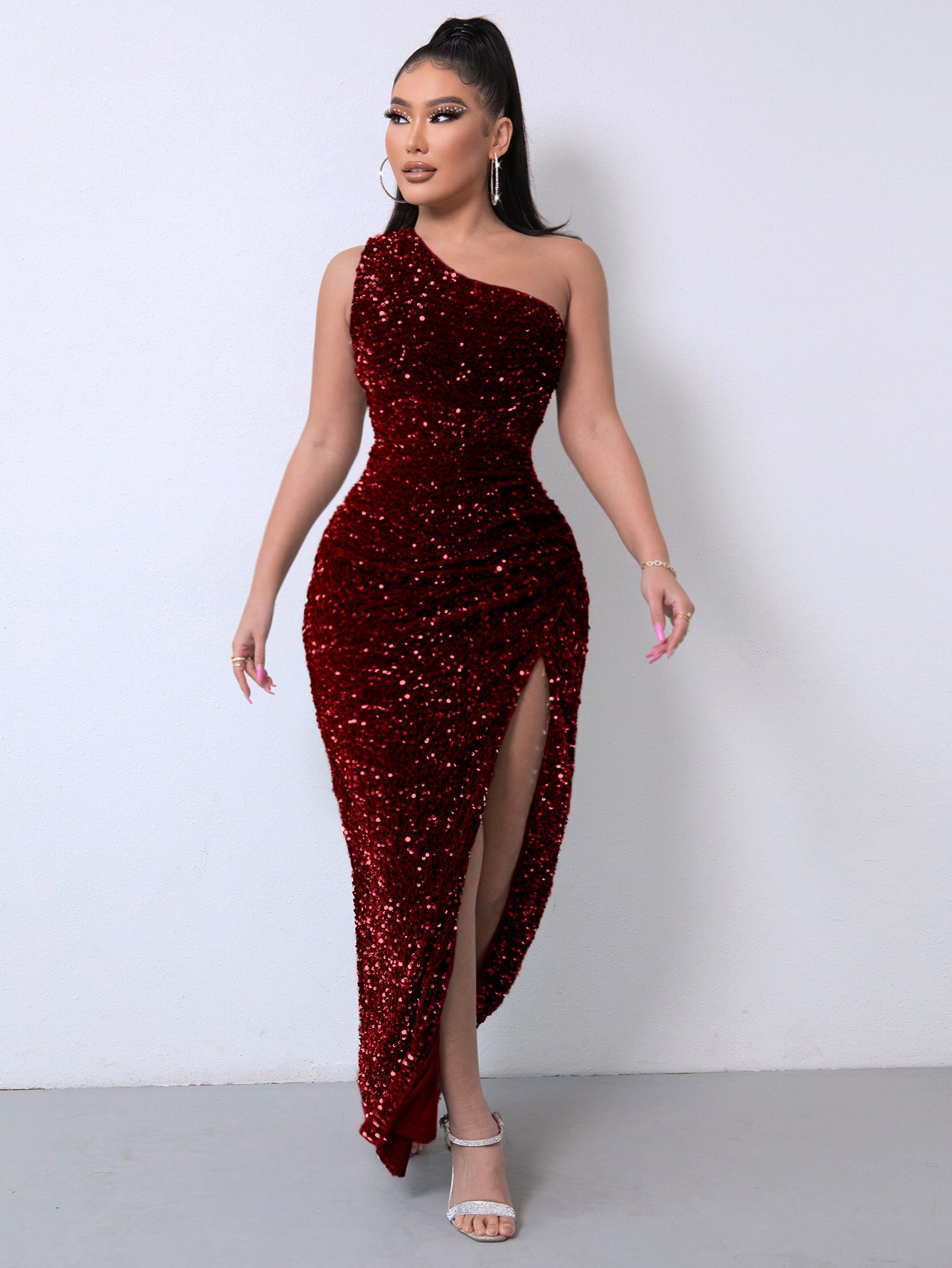 Sleeveless One Shoulder Slash Neck Sequins Slit Dress Women