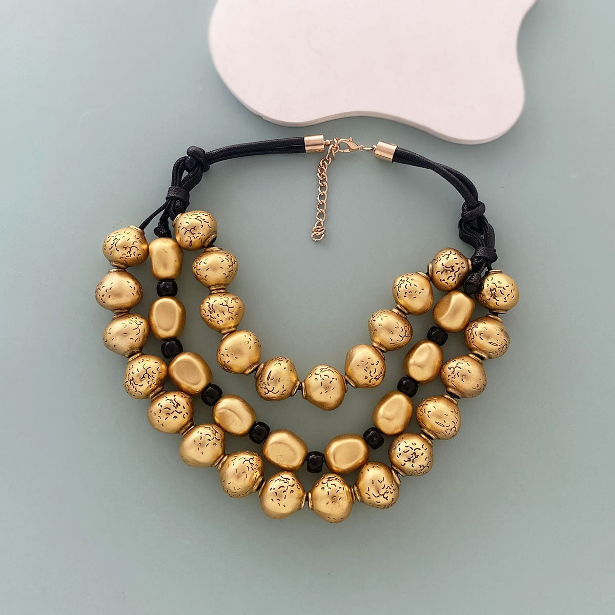 Exaggerated Retro Trendy Three Layer Gold Bead Hand Knotted Rope Necklace