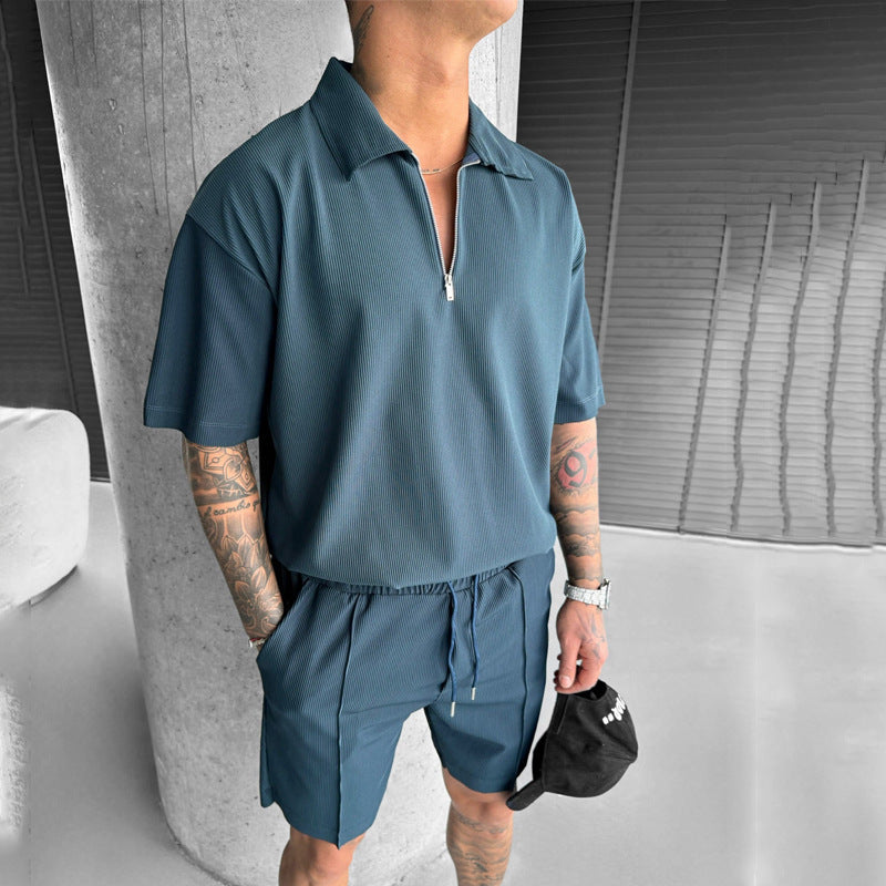 Men's Summer Sports Suits  Zipper Polo Casual Short Sleeve Drawstring Shorts Set