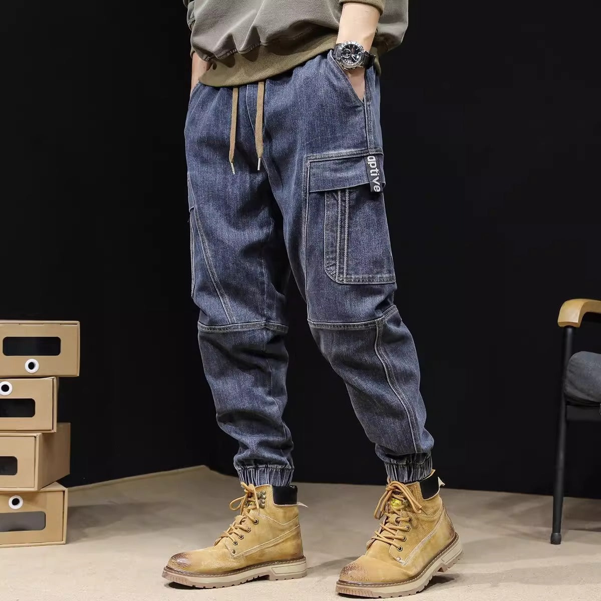 Men's Loose Retro Elastic Waist cargo pants Jeans