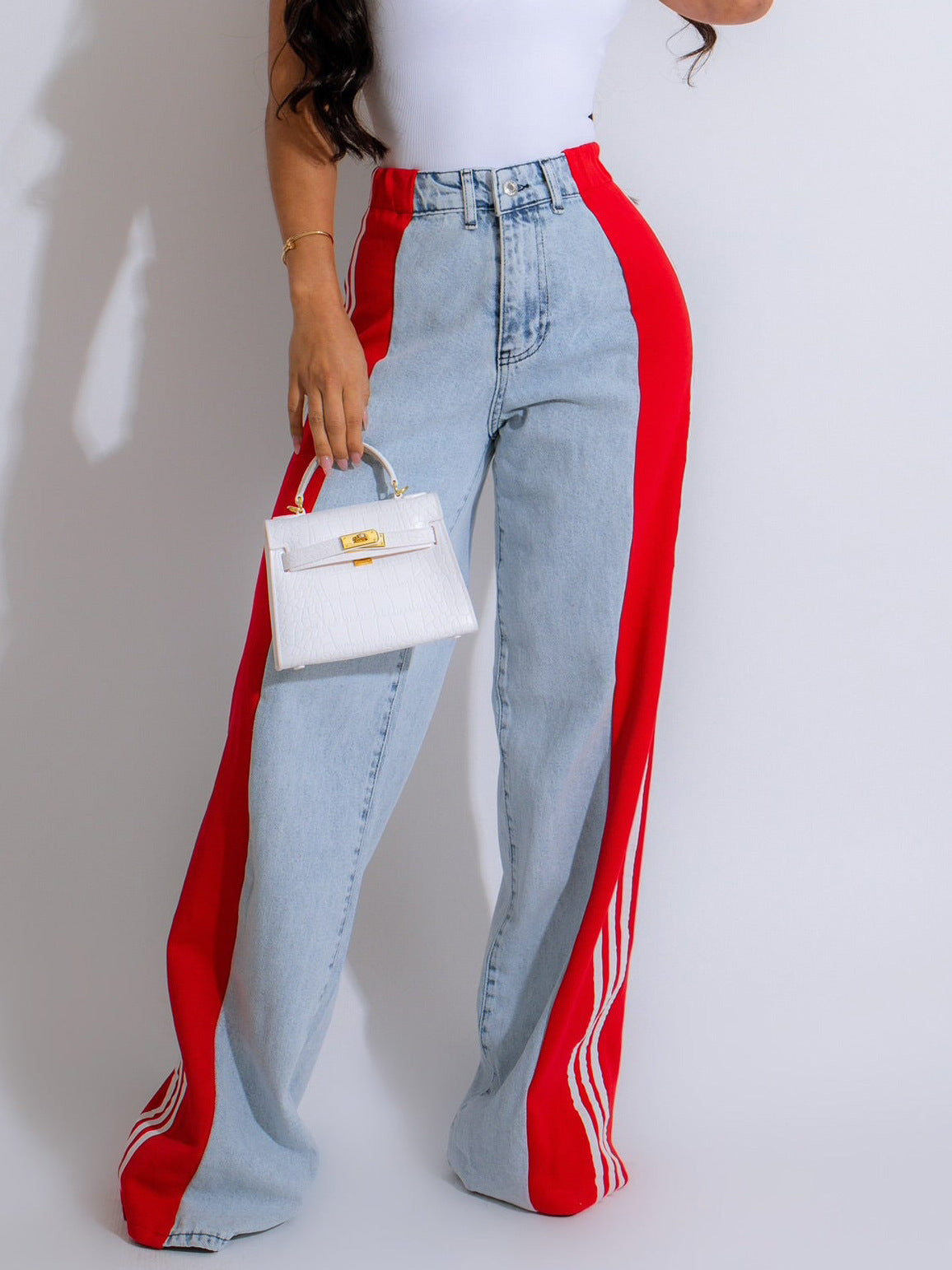 Fashion Casual High Waist Three Stripe Patchwork Denim Wide Leg Pants Streetwear