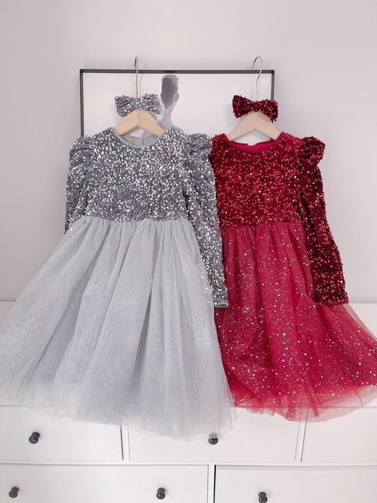 Plush Sequin Dress Girl's Long Sleeve Puffy Dress Fairy Princess Dress season prestige